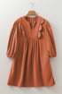 Bracelet Sleeve Split Neck Scallop Detail Pleated Corduroy Mini Dress